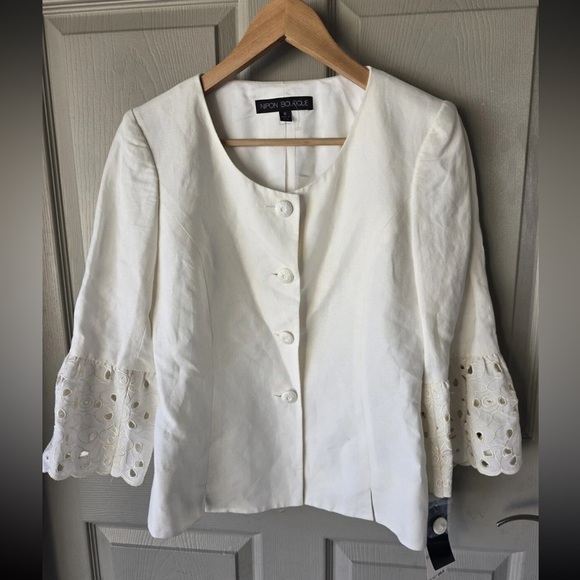 $240 Nipon Boutique Linen Blend Blazer Jacket Women 6 Lace Flare Sleeve Eyelet - Picture 2 of 14